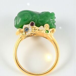 Green Burmese Jade 22.30 ctw & Multi Gemstone Pixiu Ring in 18K YG Vermeil